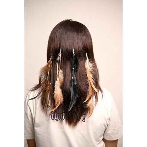 6 Pcs Feather hair Extensions Handmade Boho chic Hair Extensions with Feather Clip in Headdress Accessories for Women (Black,Brown,Dark coffee)