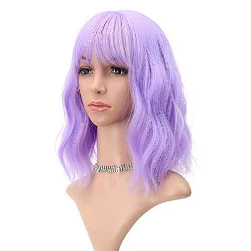 FAELBATY Short Wavy Purple Wigs With Air Bangs Shoulder Length Wig For Women Girls Curly Wavy Synthetic Halloween Cosplay Costume Wigs (12" Purple)