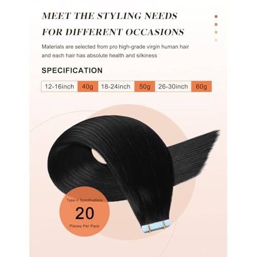 Sunya Tape in Hair Extensions Human Hair Jet Black 22 inch Straight Seamless Skin Weft Tape in Hair Extensions #1 Color 50g/20Pcs