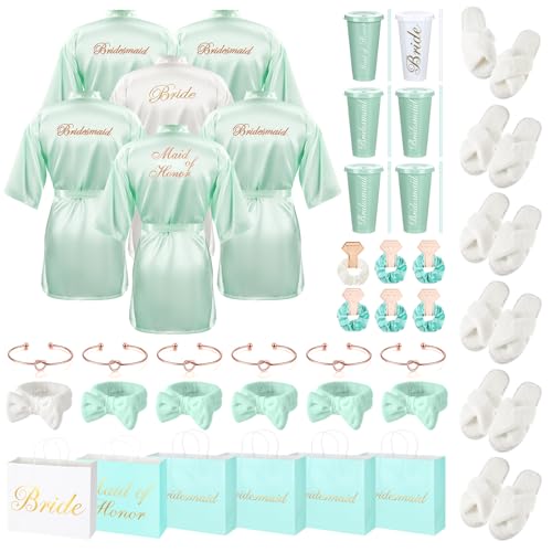 42 Pcs Bridesmaid Bride Robes Set of 6 Bridal Party Silk Satin Robes for Wedding Bachelorette Party Gifts (White,Sage Green)