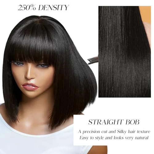 Ruiyu 250 Density Bob Wig with Bangs Human Hair 2x4 HD Lace Closure Front Silky Straight Wigs Human Hair Glueless Ready to Wear and Go for Beginners 100% Brazilian Human Hair for Black Women 10 Inch
