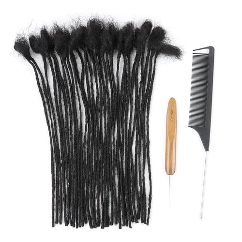 12inch 60 Strands 0.2cm Width 100% Human Hair Dreadlock Extensions, Full Handmade Loc Extensions Human Hair for Men Women Kids, Permanent Dread Extensions(Natural Black)
