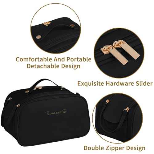 Leather Makeup Bag for Women, Portable Travel Cosmetic Bags Zipper Make Up Pouch for Ladies Woman, Large Toiletry Organizer Bag for Toiletries Cosmetics Accessories, Black