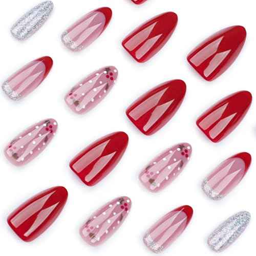 Christmas Press on Nails Almond Medium Fake Nails Red French False Nails with Silver Glitter Design Glue on Nails Xmas Candy Full Cover Stick on Nails Glossy Acrylic Nails for Women Manicure 24Pcs