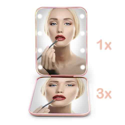 Kintion Pocket Mirror, 1X/3X Magnification LED Compact Travel Makeup Mirror with Light for Purse, 2-Sided, Portable, Folding, Handheld, Small Lighted Mirror for Gift, Pink