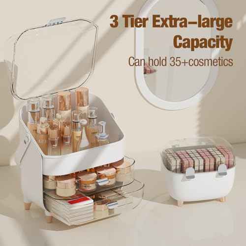 Makeup Organizer for Vanity, Skincare Organizer with Drawers, Storage Box with Handle, Cosmetic Display Cases for Dresser, Bathroom, Countertop, Christmas Gifts for Teen Girls (Silver)