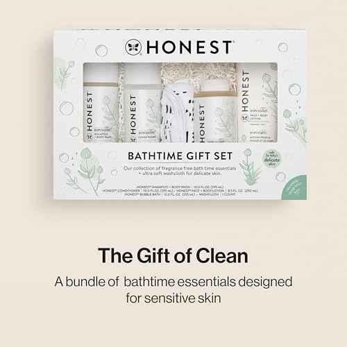 The Honest Company Fragrance Free Bathtime Gift Set | Hypoallergenic Bath Essentials for Sensitive Skin | Shampoo + Body Wash, Face + Body Lotion, Bubble Bath, Conditioner, Wash Cloth