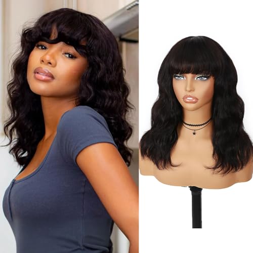 Fancy Hair Natural Wavy Human Hair Wig with Bangs NO Lace Glueless Body Wave Brazilian Virgin Hair Wigs with Bangs for Black Women Natural Black 16 Inch