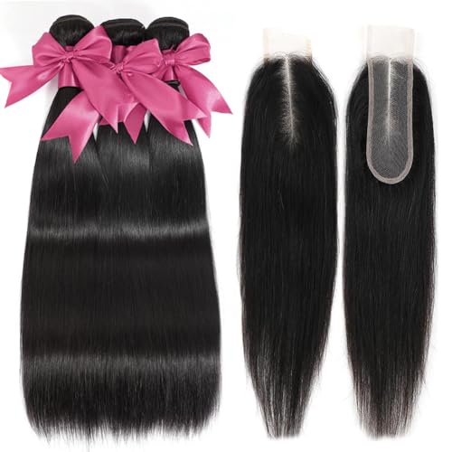 12A Straight Bundles with 2x6 Closure Human Hair 14 16 18 with 12 Inch 100% Unprocessed Brazilian Virgin Human Hair Weave Bundles with 2x6 HD Lace Closure
