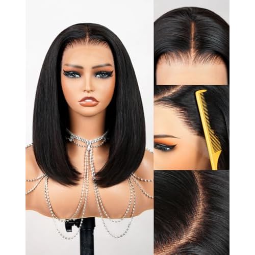Short Bob Wig Human Hair 13x4 HD Lace Front Wig Human Hair Pre Plucked with Baby Hair 210% Density Natural Black Straight Bob Wigs for Black Women 10 Inch