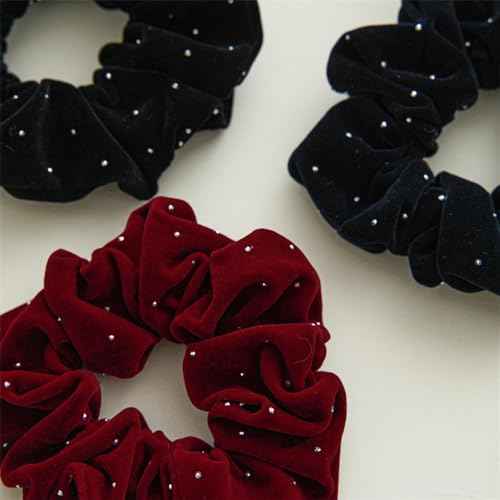 Christmas Red Scrunchies for Hair Black Hair Ties for Women Girls, Rhinestone.Star Elastic Hair Ties Ponytail Holder for Thanksgiving Gift (black red)