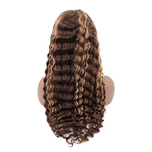 BLY Highlight Human Hair Lace Front Wigs Deep Wave #4/27 Ombre Colored Glueless Wigs Pre Plucked 16 Inch 4x4 Transparent Curly Water Wave Lace Wig Honey Blonde Real Human Hair 180% Density