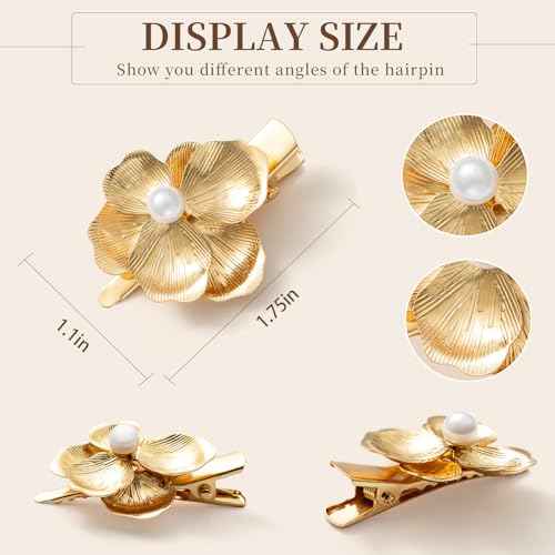 6 Pack Gold Flower Hair Clips for Girls, Small Hair Claw Clips with Pearl Accents, Metal Alligator Hair Barrettes Hair Clips for Styling - Gift Ready Floral Hair Accessories for Women