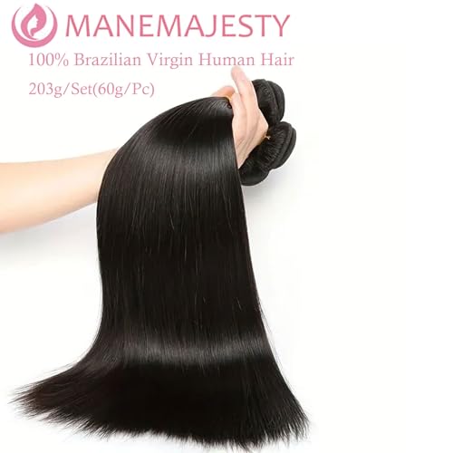 12A Straight Human Hair Bundles 3 Pcs 16 Inch 100% Real Human Hair Extension Unprocessed Brazilian Virgin Human Hair Quick Weave Straight Bundles Human Hair Natural Color for Black Women