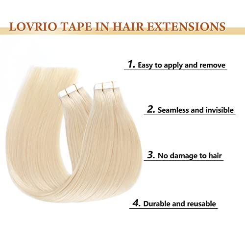 Lovrio 22" 20pcs 50g Tape in Human Hair Extensions Color 60 Platinum Blonde Prime Silky Straight Skin Weft Remy Human Hair