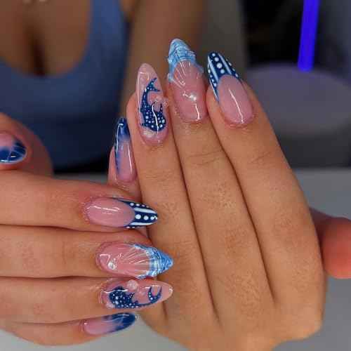 3D Blue Ocean Press on Nails Medium Almond Fake Nails with Shell Pearl Fish Designs French False Nail Tips Glossy Glue on Nails Full Cover Stick on Nails for Women Manicure Decorations 24Pcs