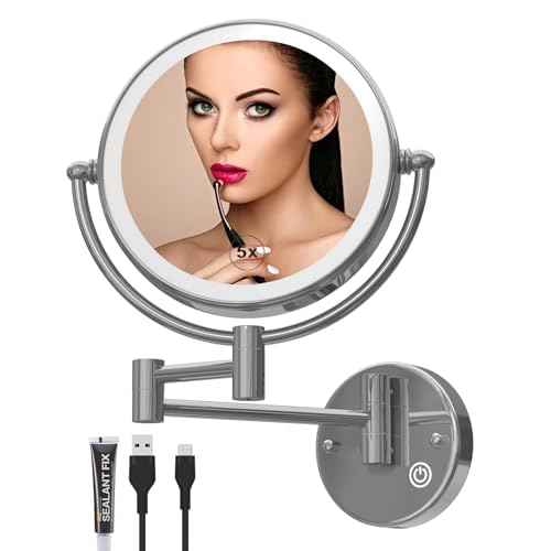 Wall Mounted Lighted Makeup Mirror with Magnification 5X, Rechargeable Magnifying Shaving Cosmetic Mirror with Extendable Swing Arm for Bathroom, Touch Stepless Dimming, Chrome