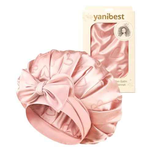 YANIBEST Adjustable Satin Bonnet for Sleeping, Double Layer Silk Bonnet with Tie Band for Women, Sleep Cap Curly Natural Hair, Pink