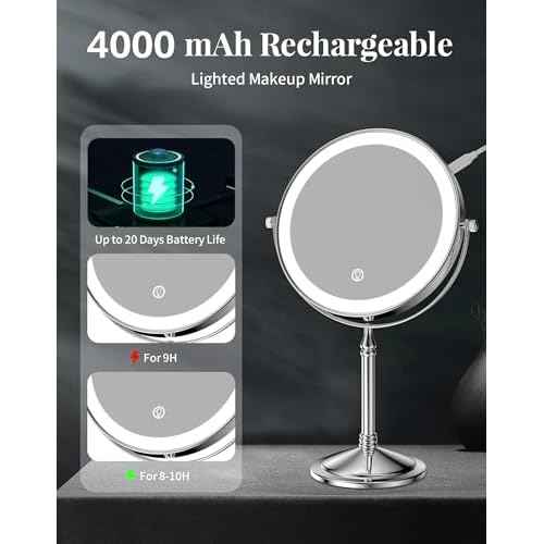 DOWRY 4000 mAh Rechargeable Lighted Makeup Mirror 20x Magnification Vanity Mirror Tabletop Two-Sided Swivel Gifts Women Chrome