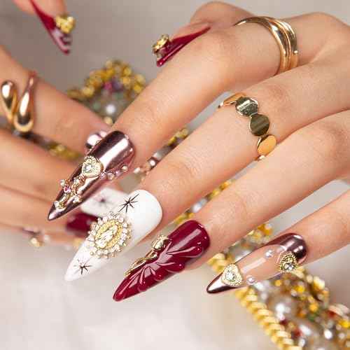 LOVFUL Press on Nails Royal Crimson | Handmade with Full Covered Crystals | Reusable Full Cover Nails | Stiletto Classic Regular 1.3 in | H383-M