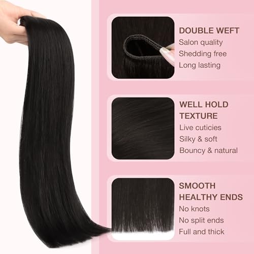 GOO GOO Sew in Hair Extensions Real Human Hair, Weft Hair Extensions Human Hair, 1B Natural black 20inch 105g, Weft Bundles Straight Silky Remy Hair