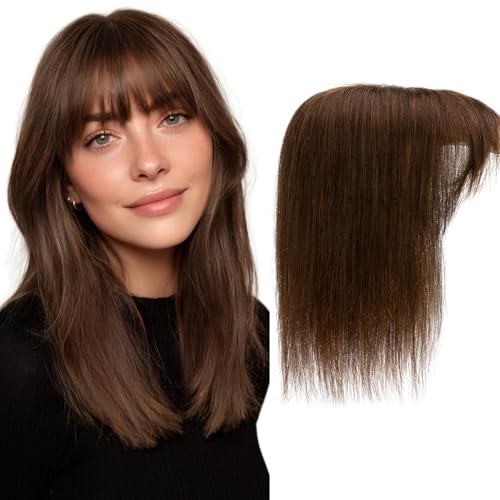 Hair Toppers for Women Real Human Hair 12 Inch Long Straight Toppers for Women with Thinning 7 * 13CM Silk Base Clip in Hairpieces with Bangs (Medium Brown)