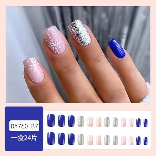 Christmas Short Square Press-On Nails - Blue Full Cover Glue-On With Silver Glitter Pink Snowflake Glossy Artificial Acrylic False Nails for Women Manicure - 24pcs