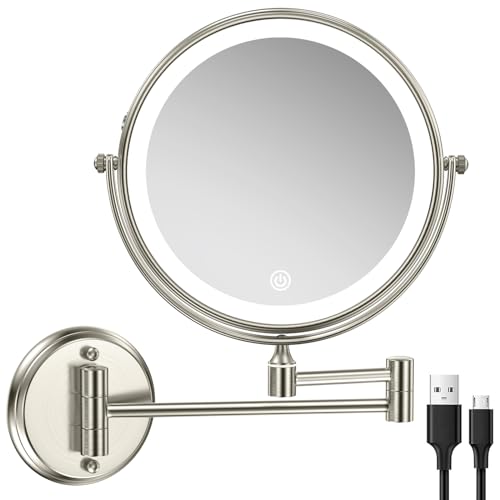 Rechargeable Wall Mounted Makeup Mirror with Lights, 8 Inch Double-Sided 10X Magnifying Vanity Mirror, 3 Color Lights & Stepless Dimming 360¡ÆRotation Extendable Lighted Magnification Bathroom Mirror