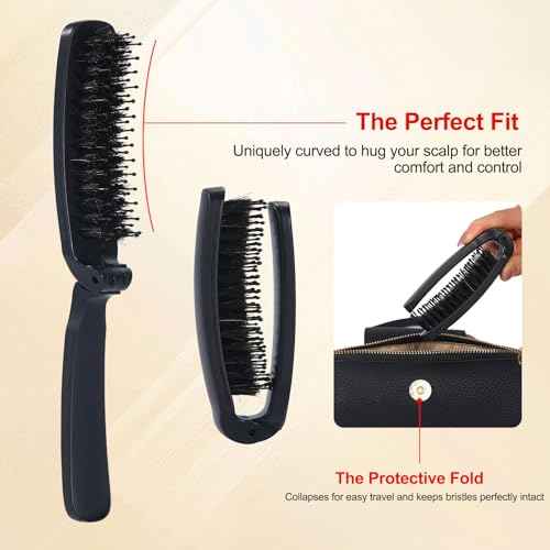 PERFEHAIR Travel Folding Boar Bristle Hair Brush, Mini Compact Portable Pocket Purse Brush for Thin Fine Short Hair, Small Foldable Travel Size Hairbrush for Men & Women Wet Dry Hair