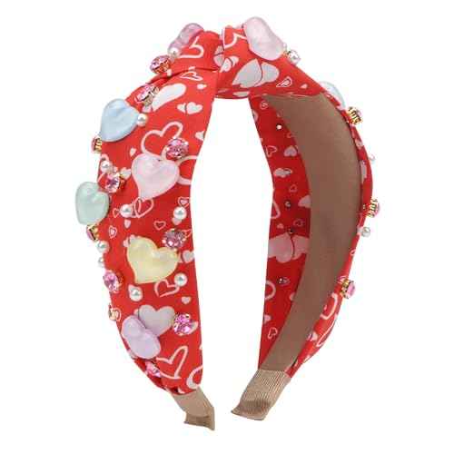 Valentine¡¯s Day Headbands for Women Pearl Rhinestone Hairband Knotted Heart Crystal Bejeweled Head Band Non Slip Wide Top Knot Headband Holiday Jeweled Hair Accessories Valentines Gifts (Red-Love)