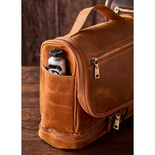 EURYNOME Travel Toiletry Bag For Men, Genuine Leather Shaving Dopp Kit Bottom Storage Holds More (11x8.6x4.7)-Mens Toiletry Bag -Leather Makeup Cosmetic Organizer Kit - Men Travel Toiletries Bag