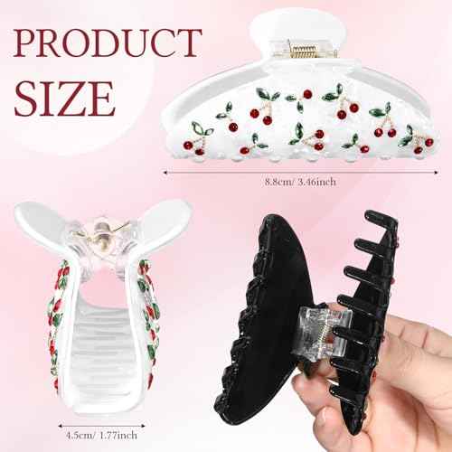 2 PC Acrylic Hair Clips Claws for Women with Rhinestone Red Cherry Claw Clip Cute Aesthetic Hair Fix Hair Clips Birthday Day Gifts for Women (White, Black)