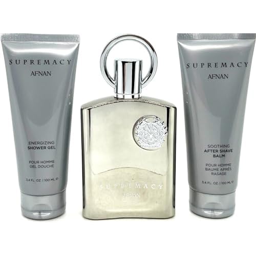 Afnan Supremacy Silver 3-Piece Set for Men, (3.4 Oz Eau De Parfum Spray + Body Lotion + Shower Gel)