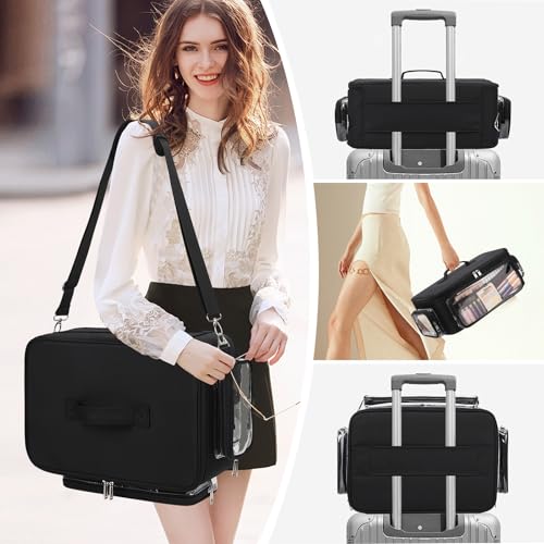 Large Makeup Case Cosmetic Organizer Box Brush Holder, Travel Makeup Train Case with 3 Clear Bags, Professional Makeup Artist Bag Cosmetic Case with Adjustable Dividers and Shoulder Strap
