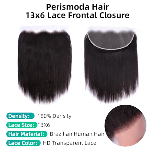 Perismoda 13x6 Full Lace Frontal Closure 18 Inch Straight HD Transparent Lace Frontal Ear to Ear 12A Brazilian Virgin Human Hair Lace Closure Pre Plucked Bleached Knots Natural Black