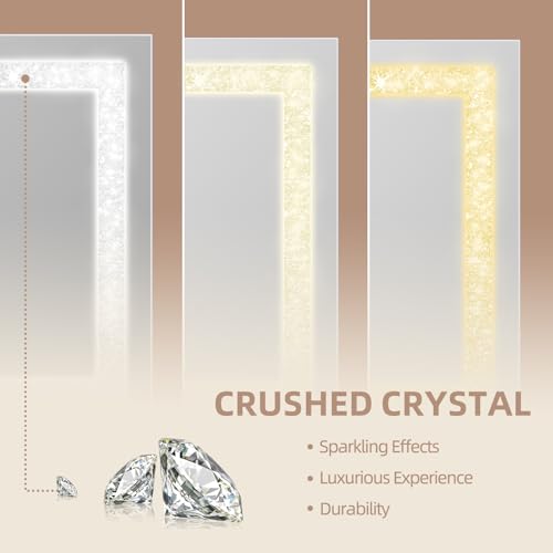 Misavanity Vanity Mirror with Lights Tempered Glass 22.8" x 18.1" Lighted Makeup Mirror with Light Strip Crushed Crystal 3 Colors Modes Dimmable Lights USB Charging Port and 10X Magnification, White