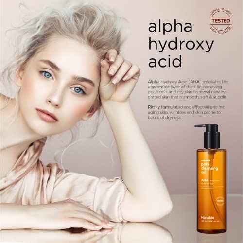 Hanskin AHA Pore Cleansing Oil for Dry Skin, Exfoliating, Waterproof Makeup Sebum Remover Facial Oil Cleanser for Face, Moisturizing for Soft Skin, Korean Skincare [AHA/10.14 oz.]