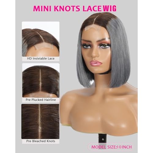 Selina Hair 2x6 Bob Wigs Human Hair P4/Grey Color Brazilian Virgin Hair HD Lace Front Wigs Human Hair Glueless Bob Wig with Baby Hair Straight Bob for Women 10 lnch