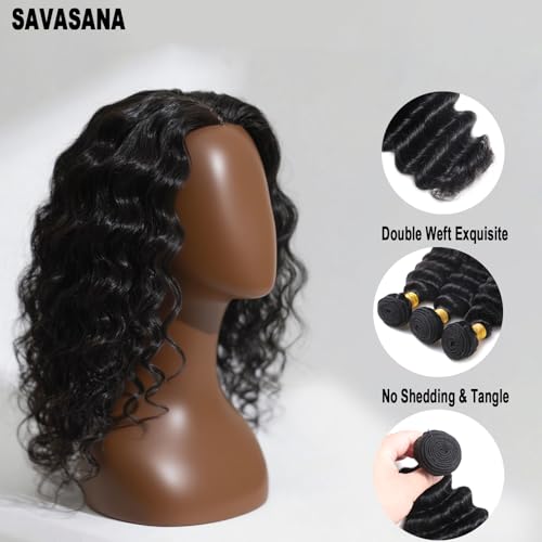 Savasana 12A Human Hair Bundles 10 12 14 Inch 3 Deep Wave Bundles, 100% Unprocessed Brazilian Virgin Human Hair Raw Hair Quick Weave Installation Real Human Hair for Women Natural Black