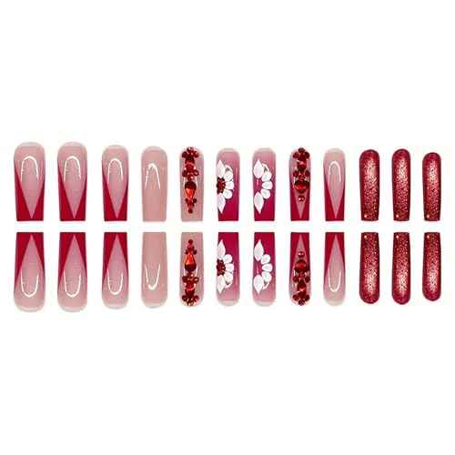 RTKHFZE Red Press on Nails Long Fake Nails Square Extra Long Nails Press ons with Flower And Rhinestones Design Glitter Acrylic Nails Artificial Nails