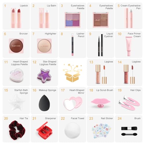 Makeup Advent Calendar 2025, 24 Days Beauty Gift Set for Adult Women & Teen Girls ? GlAM CODE Christmas Countdown Calendar Beauty & Cosmetics Holiday Surprise Make Up Gift Kits - Golden