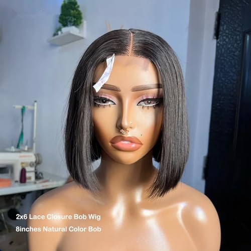 Real Skinlike 2X6 HD Crystal Lace Closure Wig Short Bob Human Hair with Thin Knots 180% Density Blunt Cut Bob Straight Natural Black Brazilian Remy Hair Swiss Lace Wigs For Woman Bleached Knots 8Inch