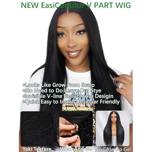 KLAIYI EasiContour V Part Wig Yaki Straight Human Hair Glueless Upgrade U Part Wigs for Women Clip In Half Wig Magic Leave Out Real Scalp 30S Ready to Wear Beginner Friendly Natural Black Color 16Inch