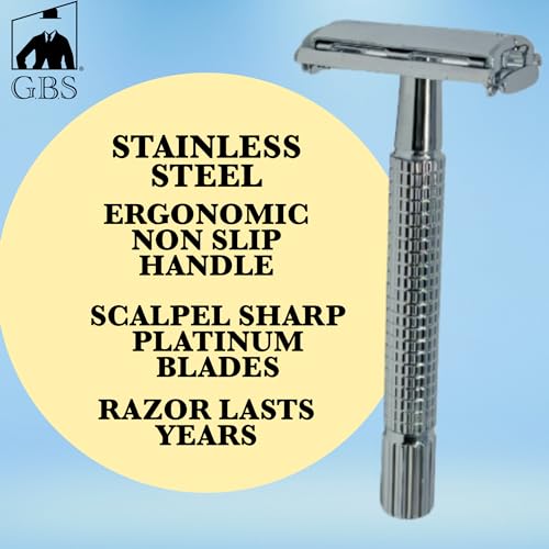G.B.S Shaving Gift Set, Long Handle Double Edge Safety Razor, Alum Aftershave Block, Chrome Bowl with Natural Shave Soap, Shaving Brush Grooming Kit for Men