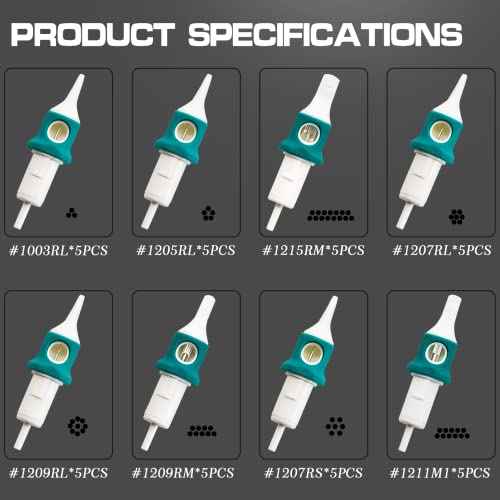 Tattoo Cartridge Needles 40Pcs Disposable Standard Tattoo Needles Kit Mixed Size Tattoo Cartridges with Membrane and Finger Ledge 1003RL 1205RL 1207RL 1209RL 1207RS 1209RM 1215RM 1211M1