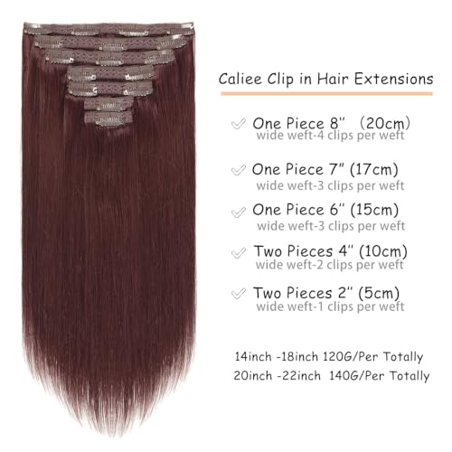 Caliee Hair Extenisons Clip in Human Hair Double Lace Weft Color Wine Red 7 Pcs 120 G Silky Straight Thick Remy Seamless Hair Extensions Clip in Human Hair 18 Inch