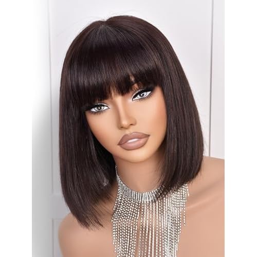Bob Wigs Human Hair 210% Density bob Wig with Bangs Dark Brown 100% Human Hair Wigs for Black Women Pre-Bleached Glueless Straight Bob Wigs(10Inch£¬Dark Brown wig)