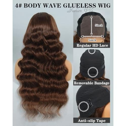 5X5 Wear and Go Glueless Wigs Human Hair Pre Plucked Pre Cut 4# Chocolate Brown Lace Front Wig Body Wave Reglular HD Lace Front Wigs 5x5 Lace Closure Wig Human Hair 180% Density (18 Inch)