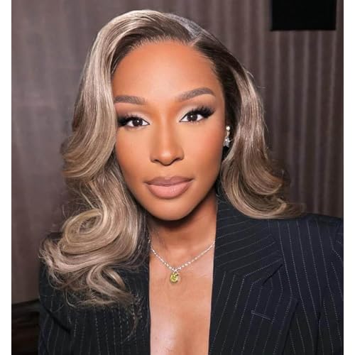 200% Density Ombre Ash Blonde Lace Front Bob Wig Human Hair Body Wave 13x4 Thicker Ombre Brown Roots with Grey Ash Blonde Short Bob Wig Pre Plucked with Baby Hair for Women 12 Inch