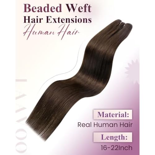 LaaVoo Beaded Weft Hair Extensions Human Hair Brown #4 Microbead Weft Hair Extensions Remy Hair Wefts Extensions Real Human Hair Dark Brown with Micro Beaded 22inch 20pcs 50g